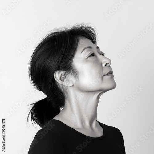 photo of a middle-aged Asian woman's bust on a transparent background, monochromatic colors