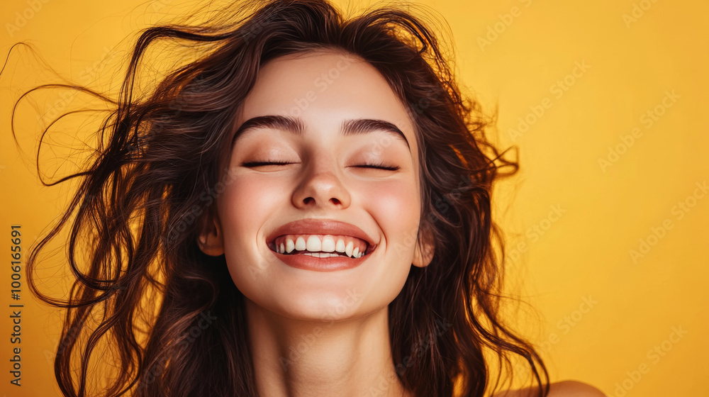 A woman with wavy hair smiles brightly against a yellow background. She has a happy, positive expression, and her eyes are closed. Her beauty is enhanced by makeup and cosmetics. A woman with wavy hair smiles brightly against a yellow background. She has a happy, positive expression, and her eyes are closed. Her beauty is enhanced by makeup and cosmetics.