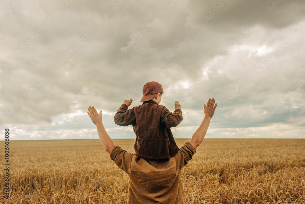 Father holding little son on shoulders in a wheat field, rear view.
