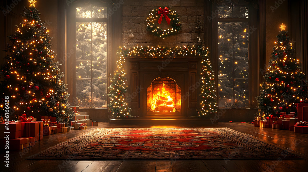 Cozy Christmas Room with Fireplace and Decorated Trees Cozy Christmas Room with Fireplace and Decorated Trees