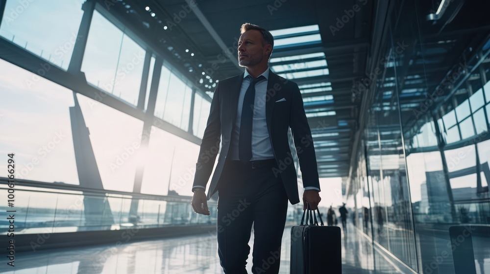 A global business leader walking through an international airport terminal, preparing for a high-level meeting, professional attire A global business leader walking through an international airport terminal, preparing for a high-level meeting, professional attire