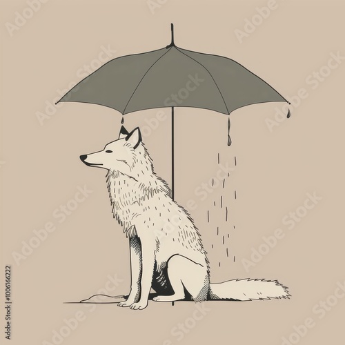 drawing of  animal on a light background front view. stickers with different cute animals with umbrella. autumn and winter drawings with animals. funny wolf isolated on background photo