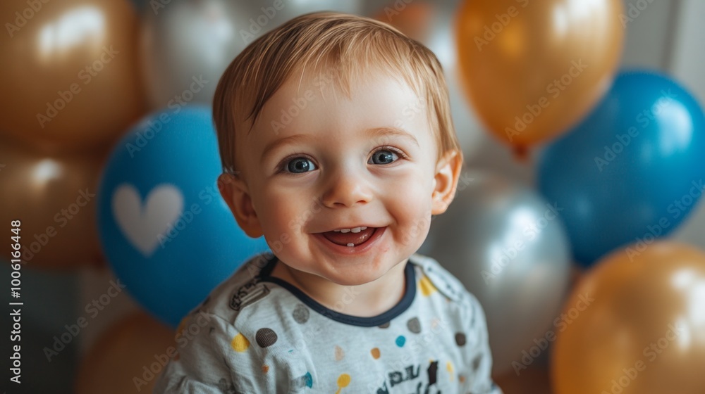 Adorable Baby Celebrating First Birthday with Blue and Gold Balloons Adorable Baby Celebrating First Birthday with Blue and Gold Balloons