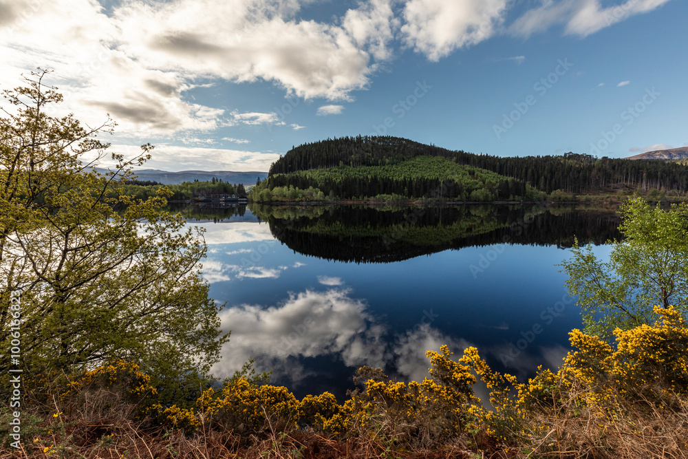 Serene view of a loch in Glencoe, Scotland with reflections of trees and clouds on tranquil water. Serene view of a loch in Glencoe, Scotland with reflections of trees and clouds on tranquil water.