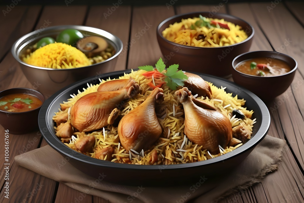 Delicious spicy chicken biryani in bowl on wooden table Delicious spicy chicken biryani in bowl on wooden table