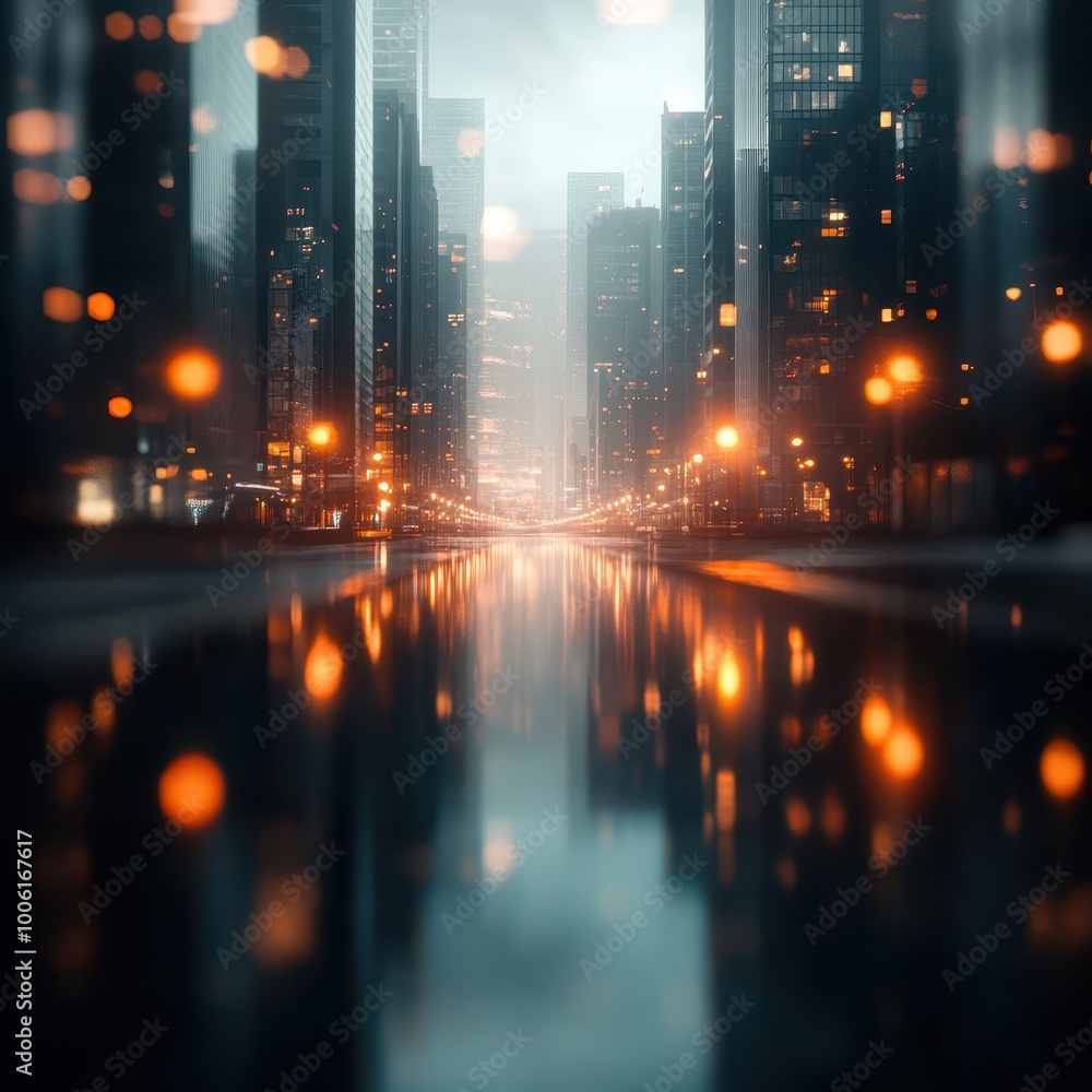 Obraz premium A serene cityscape at twilight, featuring glimmering reflections on wet streets amidst towering skyscrapers, Ideal for urban-themed projects, marketing, or inspirational visuals,