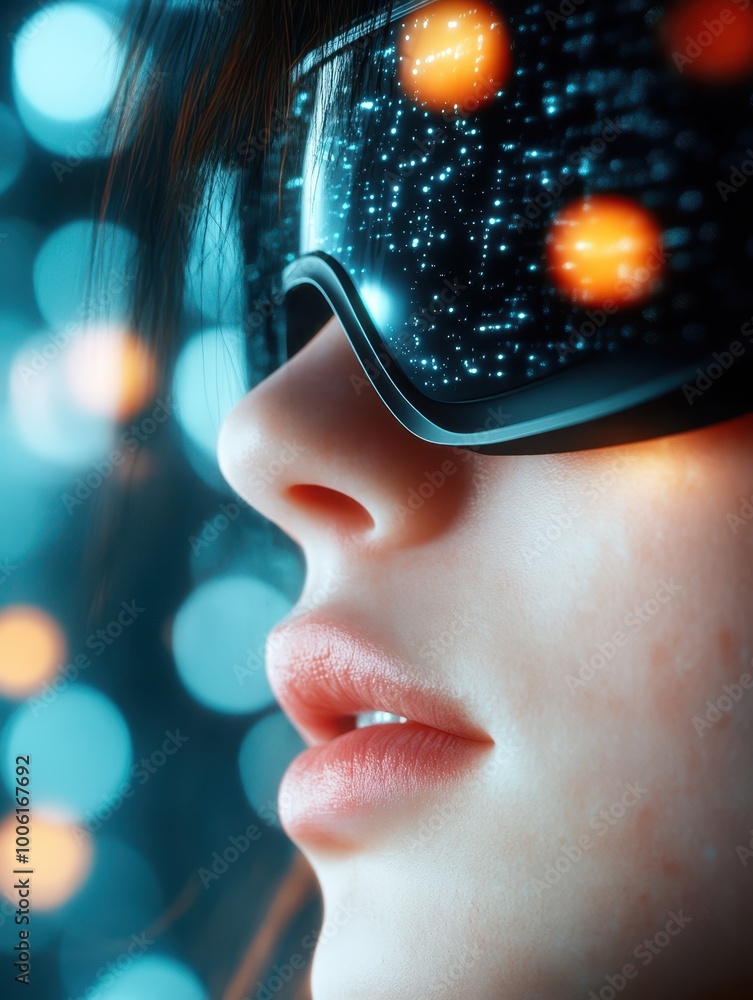 A close-up image showcases a woman wearing futuristic glasses, reflecting a vibrant digital backdrop, Ideal for tech-related content, virtual reality, or futuristic design themes, A close-up image showcases a woman wearing futuristic glasses, reflecting a vibrant digital backdrop, Ideal for tech-related content, virtual reality, or futuristic design themes,