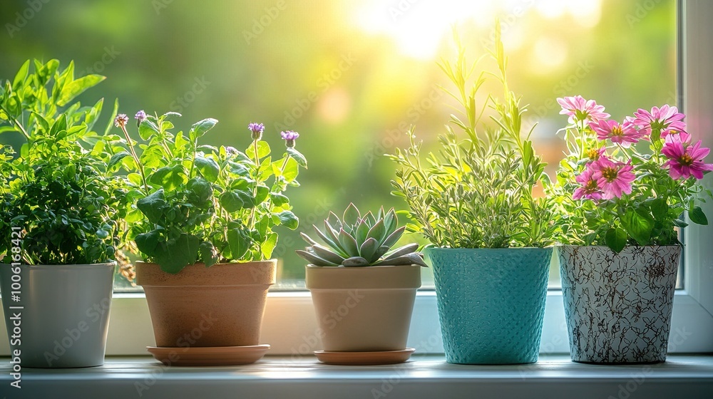 Lively Potted Plants in Sunlit Window Setting Lively Potted Plants in Sunlit Window Setting