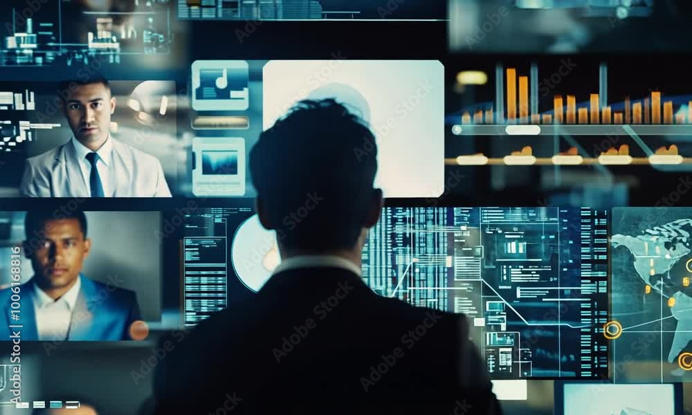businessman in dark office with virtual panel businessman in dark office with virtual panel