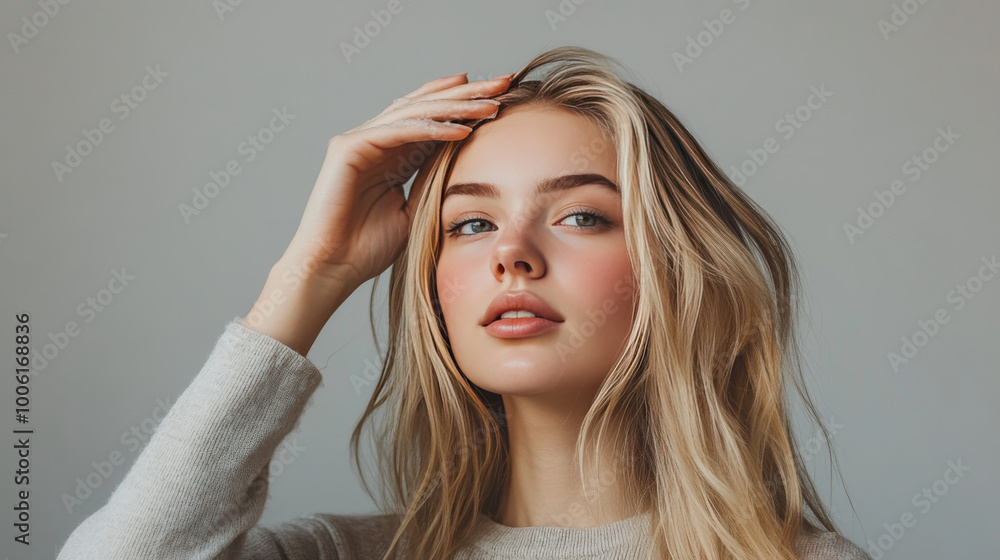 A young blonde woman is shown applying styling foam to her hair after showering. She is standing against a gray background. A young blonde woman is shown applying styling foam to her hair after showering. She is standing against a gray background.