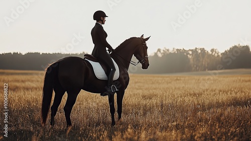 A rider in equestrian attire sits on a horse in a sunlit field, capturing a serene moment in nature.