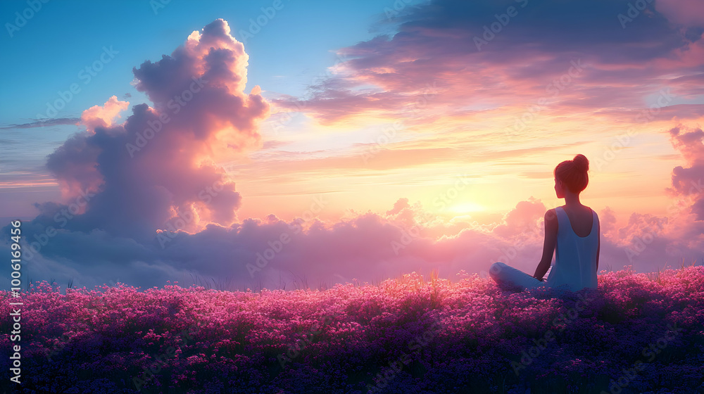 Peaceful Sunset View with Clouds and Pink Flowers Peaceful Sunset View with Clouds and Pink Flowers