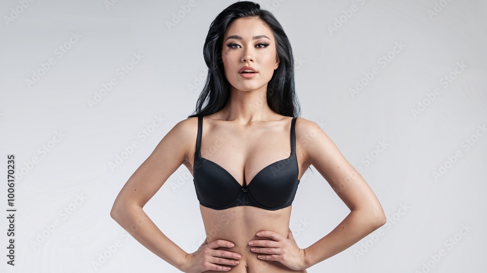 Fototapeta premium A young woman with long black hair and dark eyes, wearing a black bra, stands with her hands on her hips, looking directly at the camera.