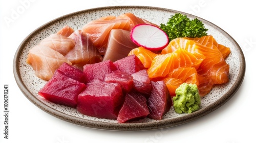 A vibrant assortment of fresh sashimi displayed on a traditional plate, ideal for showcasing culinary delights and seafood dishes.