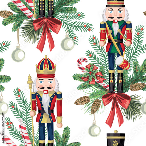 Nutcracker, fir branch, cone, candy and red ball seamless pattern. Merry Christmas, New Year wallpaper.