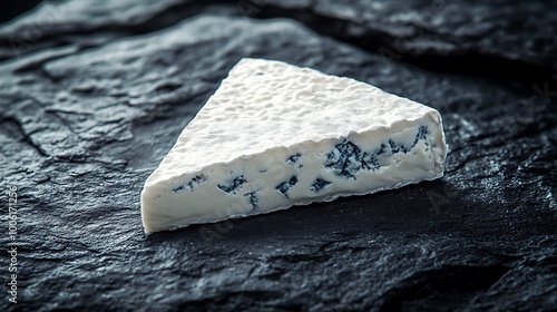 Minimalist close-up of a Roquefort triangle, softly illuminated on a charcoal black surface. Subtle light from the top-right, creamy white surface with blue veins, high contrast, isolated subject,