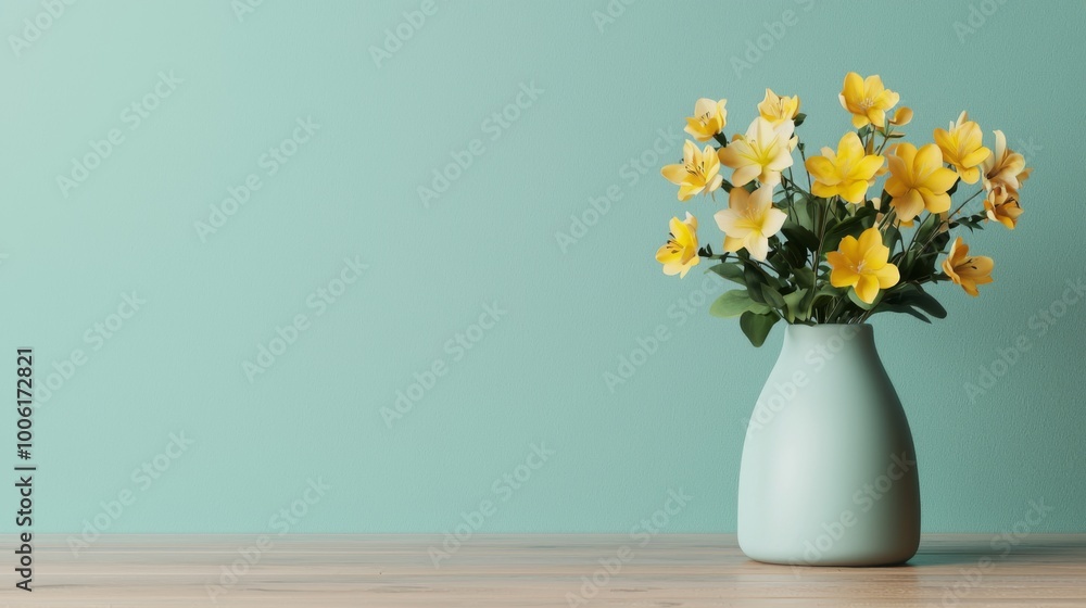 custom made wallpaper toronto digitalBright Green Room with Wooden Floor and Yellow Flowers, an inviting minimalist space featuring vibrant colors, clean lines, and an abundance of natural light, perfect for relaxation.