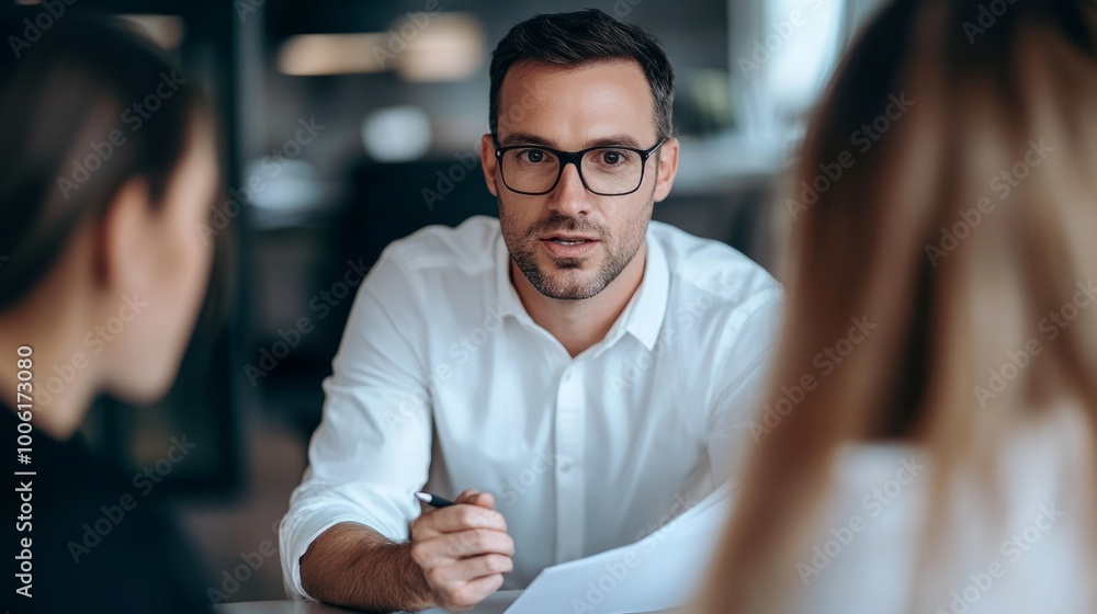 A man in a white shirt is talking to two women A man in a white shirt is talking to two women