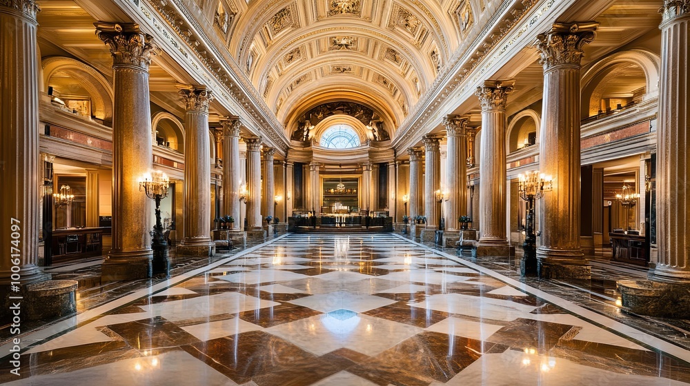 Obraz premium A grand interior featuring ornate architecture, tall columns, and a polished marble floor, evoking elegance and history.