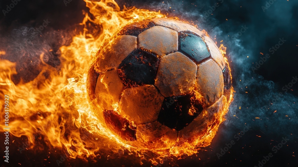 Naklejka premium Soccer Ball Engulfed in Flames in Dramatic Fiery Motion