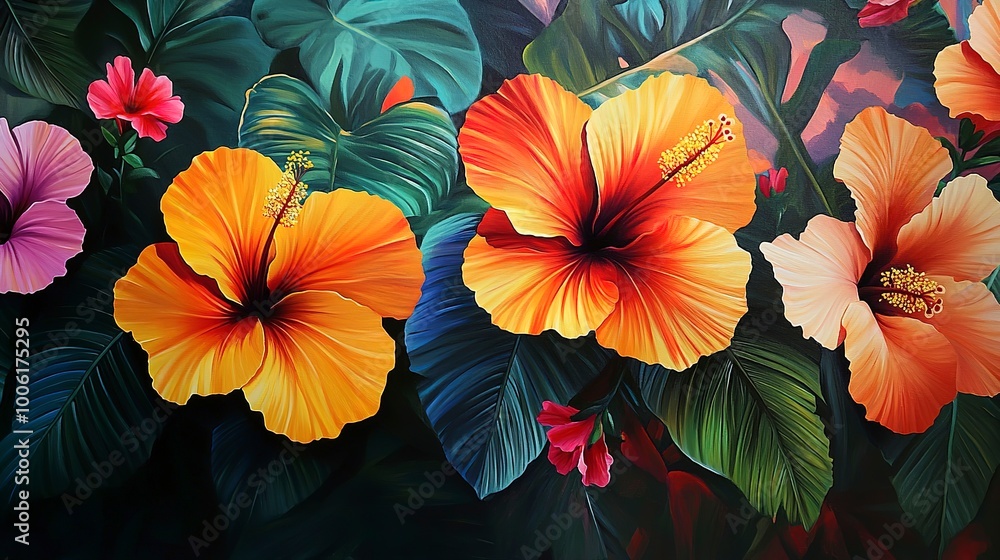 tropical hibiscus flowers, creating a vibrant and exotic atmosphere tropical hibiscus flowers, creating a vibrant and exotic atmosphere
