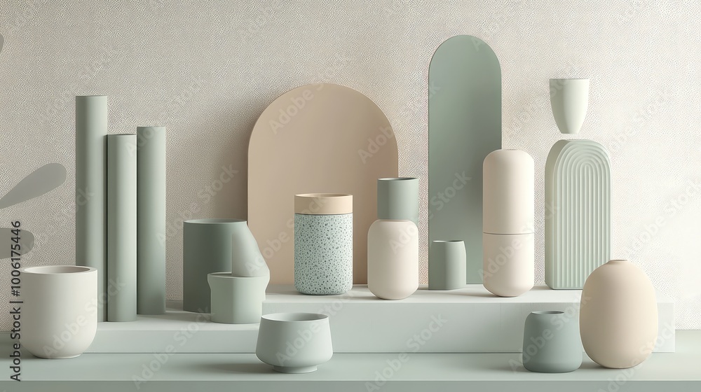 Abstract supplies in sharp, minimalistic forms, rendered in soft, muted colors, each item stylized into clean geometric shapes.
