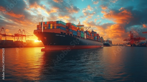 Cargo Ship at Sunset