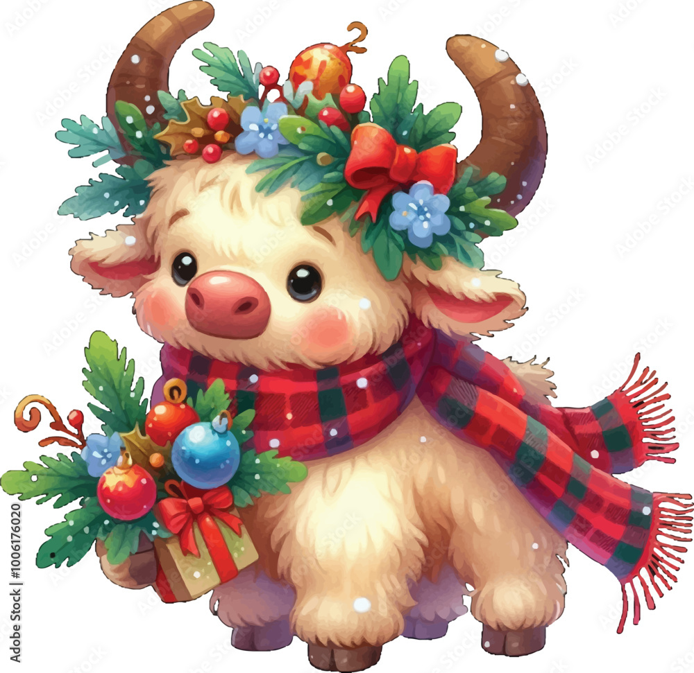 Fototapeta premium Christmas Funny Cartoon illustration of cute Buffalo