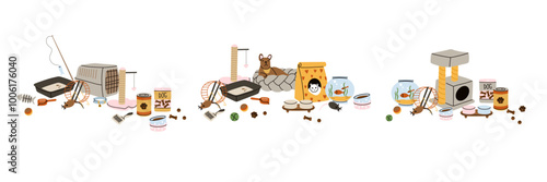 Pet animals accessories. Dog and cat house. Cage and bed. Food bows. Veterinary goods, toys. Veterinarian shop equipment. Canine and feline stuff. Fish aquarium. Grooming vector cartoon flat set