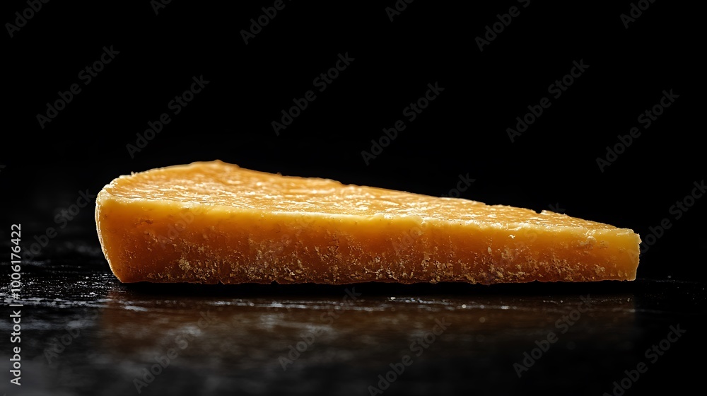 Minimalist photo of a Parmesan cheese wedge with rough, sharp edges, placed on a deep black matte background. Subtle lighting from right side, intense shadows, soft highlights on cheese surface, Minimalist photo of a Parmesan cheese wedge with rough, sharp edges, placed on a deep black matte background. Subtle lighting from right side, intense shadows, soft highlights on cheese surface,
