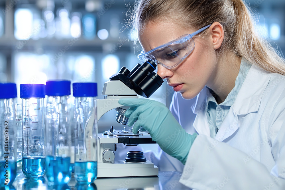a young scientist conducting experiment in lab, focused gaze on microscope a young scientist conducting experiment in lab, focused gaze on microscope