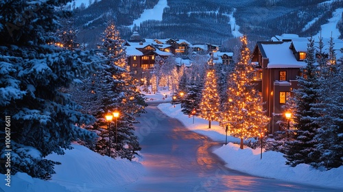 A serene winter scene featuring snow-covered streets lined with illuminated trees and cozy buildings. photo