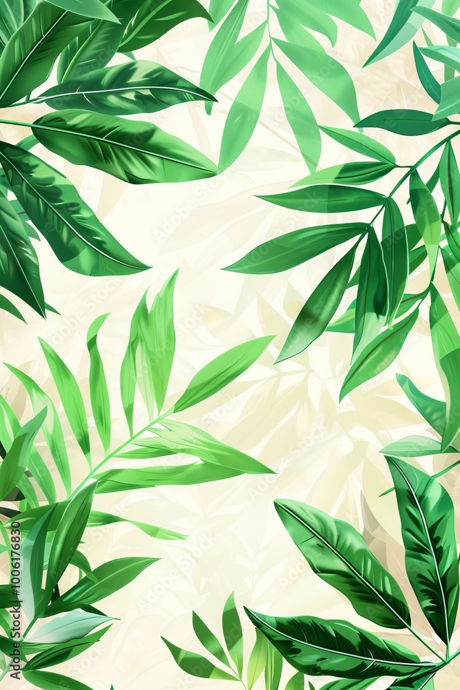Vibrant green tropical leaves pattern on a light background, perfect for nature-themed designs and botanical illustrations. Vibrant green tropical leaves pattern on a light background, perfect for nature-themed designs and botanical illustrations.