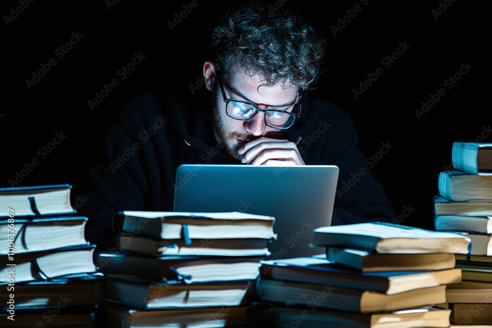 a student burning midnight oil, surrounded by books and laptop glow a student burning midnight oil, surrounded by books and laptop glow