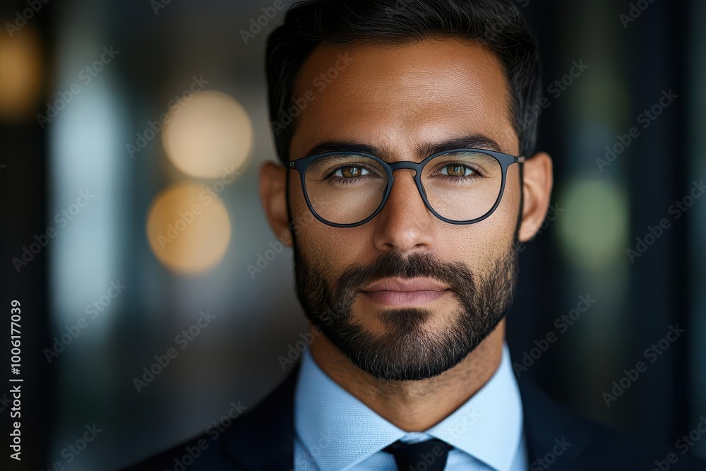 A confident businessman wearing glasses, showcasing style and professionalism in a modern office environment. A confident businessman wearing glasses, showcasing style and professionalism in a modern office environment.