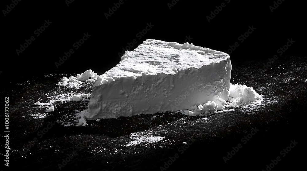 Minimalist photograph of a piece of Cotija cheese, with crumbly edges, softly lit on a deep black surface. Focused light from above, casting smooth shadows, high contrast, isolated subject, Minimalist photograph of a piece of Cotija cheese, with crumbly edges, softly lit on a deep black surface. Focused light from above, casting smooth shadows, high contrast, isolated subject,