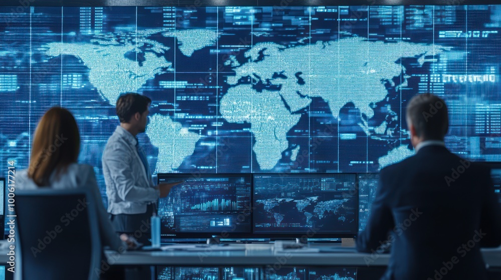 A global business team discussing international logistics and supply chain solutions in a modern office setting A global business team discussing international logistics and supply chain solutions in a modern office setting