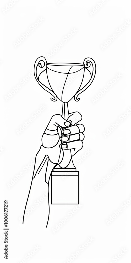 Minimalist line art of a hand holding a trophy. Minimalist line art of a hand holding a trophy.