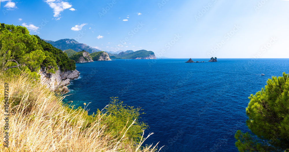 panoramic view on coastline in Petrovac na Moru in Montenegro