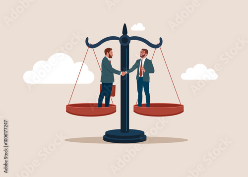 Business merger and acquisition. Two businessmen shaking hands and standing on the scales of justice. Mutual benefit and success. Flat vector illustration