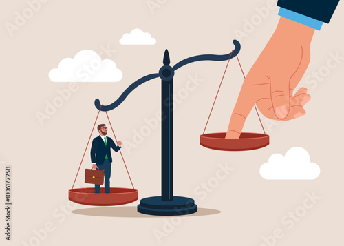 Legal counselors. Tip the scales of justice. Flat vector illustration