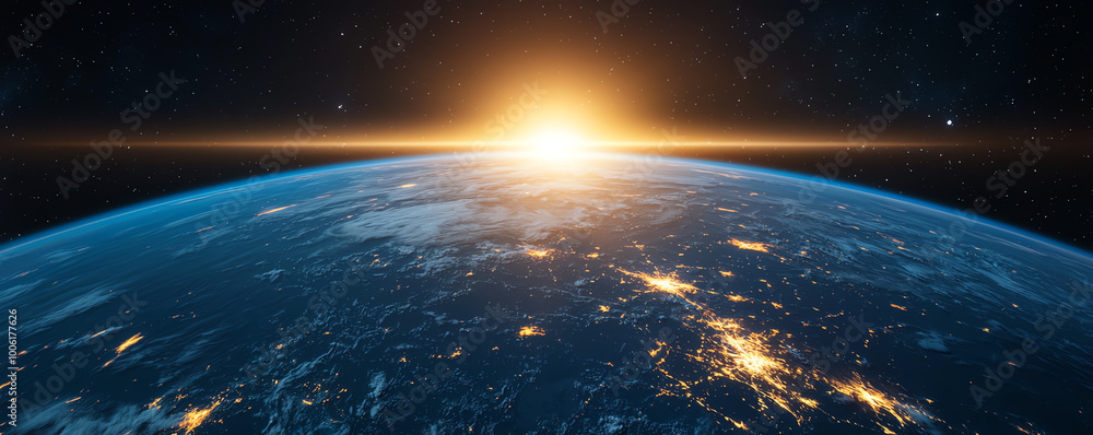 Earth view at sunrise from space, glowing horizon, dark sky Earth view at sunrise from space, glowing horizon, dark sky