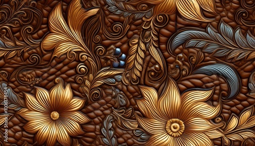 a fancy embossed leather background with intricate floral and cowboy western design elements. SEAMLESS PATTERN. SEAMLESS WALLPAPER.