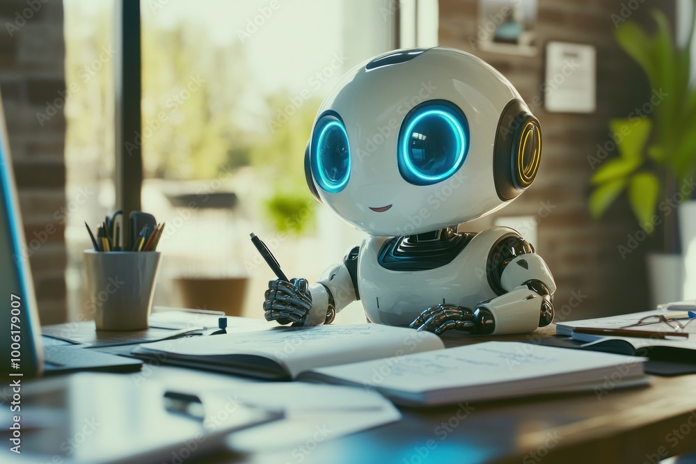 Adorable Robot Character Engages in Creative Writing Adorable Robot Character Engages in Creative Writing