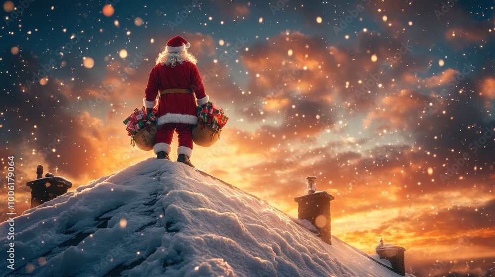 Santa Claus on Roof with Gifts at Sunset, Christmas Eve Delivery Magic Santa Claus on Roof with Gifts at Sunset, Christmas Eve Delivery Magic