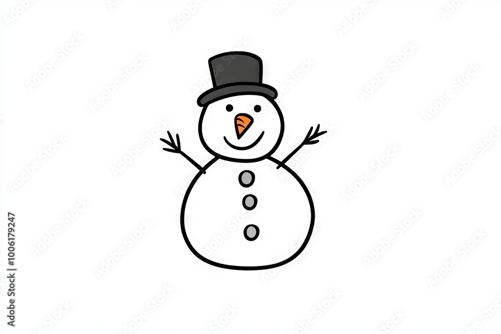 A minimalist drawing of a snowman with a top hat, carrot nose, and three buttons, set against a plain white background. A minimalist drawing of a snowman with a top hat, carrot nose, and three buttons, set against a plain white background.