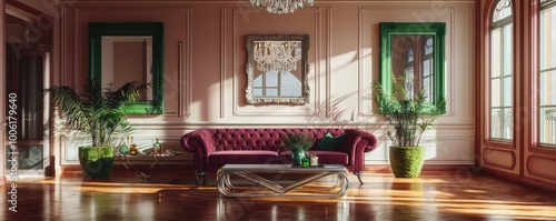 An elegant living room with walnut floors, opal walls, and a burgundy sofa A kidney-shaped steel coffee table, moss green frames, and potted palms A classic crystal chandelier