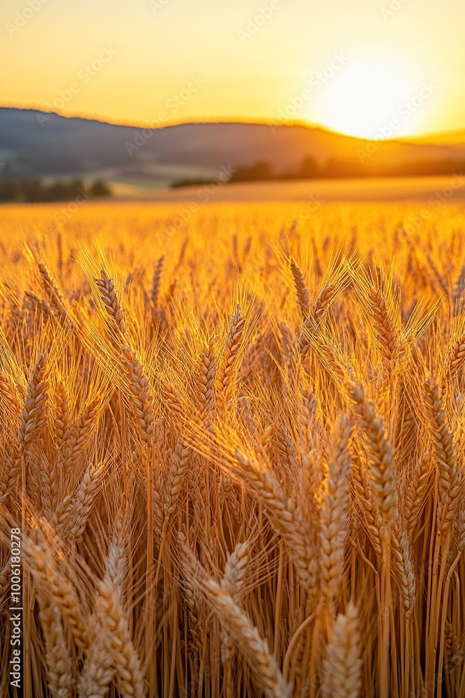 A detailed close-up panoramic view of golden wheat fields gently swaying in the breeze under a clear azure sky during a vibrant sunset. Warm sunlight casts a golden glow over the landscape. A detailed close-up panoramic view of golden wheat fields gently swaying in the breeze under a clear azure sky during a vibrant sunset. Warm sunlight casts a golden glow over the landscape.