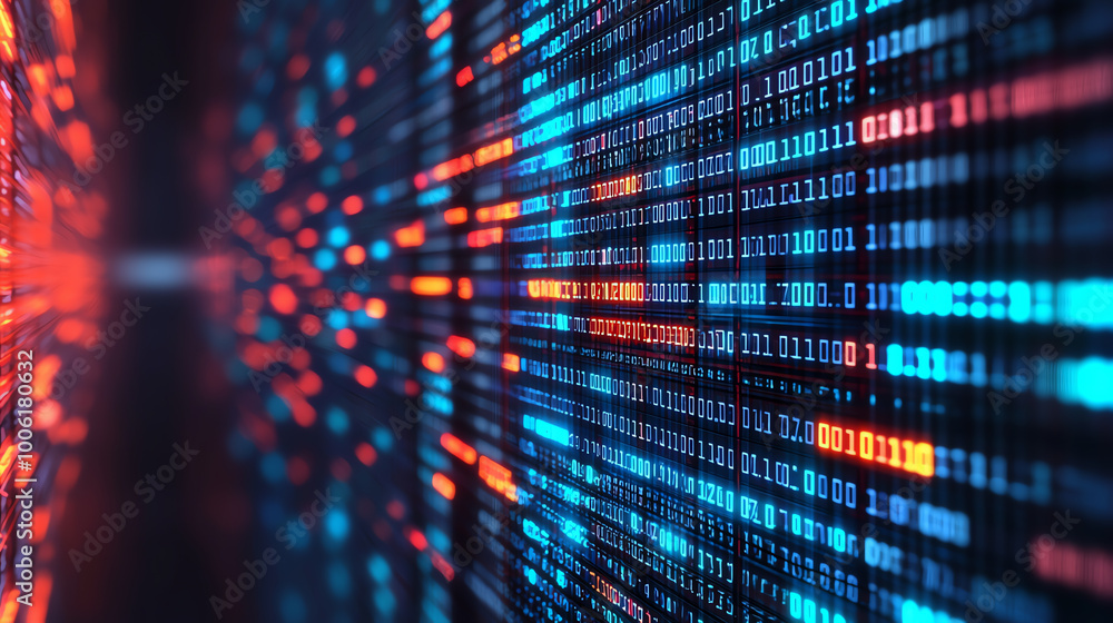 Endless rows of binary code on a translucent screen, side view, showing limitless digital possibilities, sci-fi tone, Triadic Color Scheme Endless rows of binary code on a translucent screen, side view, showing limitless digital possibilities, sci-fi tone, Triadic Color Scheme