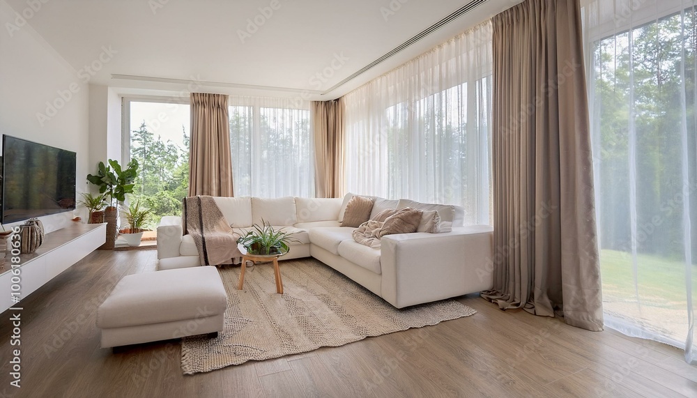 a modern white living room interior. Showcase the beauty of the room with large, billowing curtains on the window that bring in soft natural light. a modern white living room interior. Showcase the beauty of the room with large, billowing curtains on the window that bring in soft natural light.